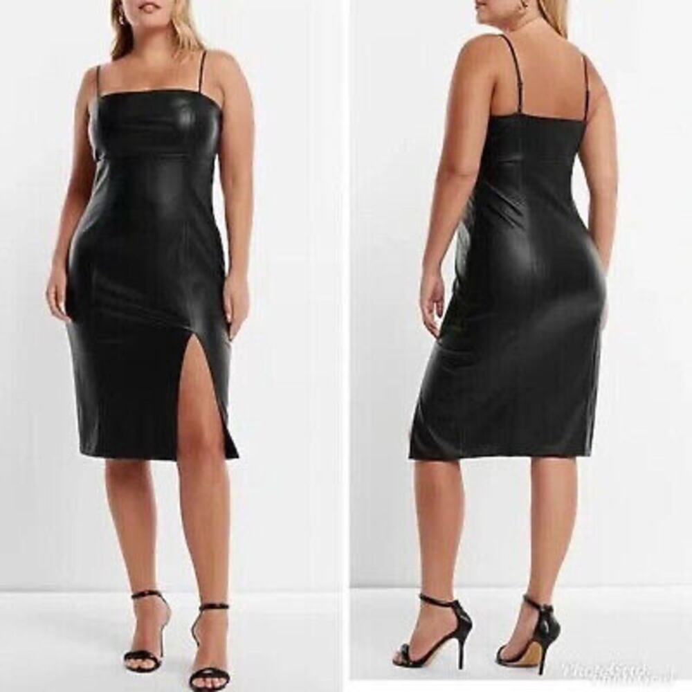 Express Black Faux Leather Midi Slip Dress with Side Slit